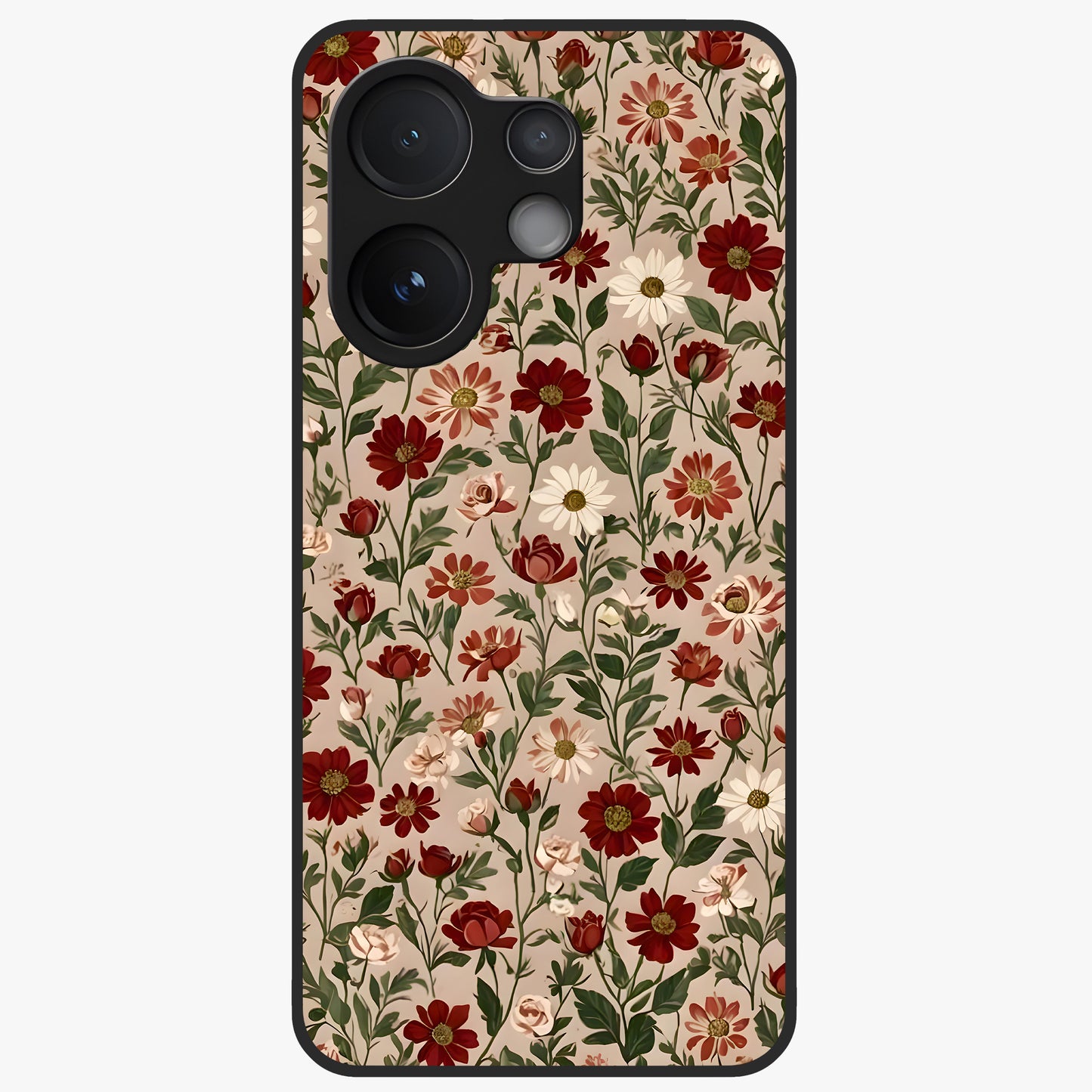 Biege Flower With Leaf Glass Case showing flat back view with soft beige floral artwork and glossy glass finish.