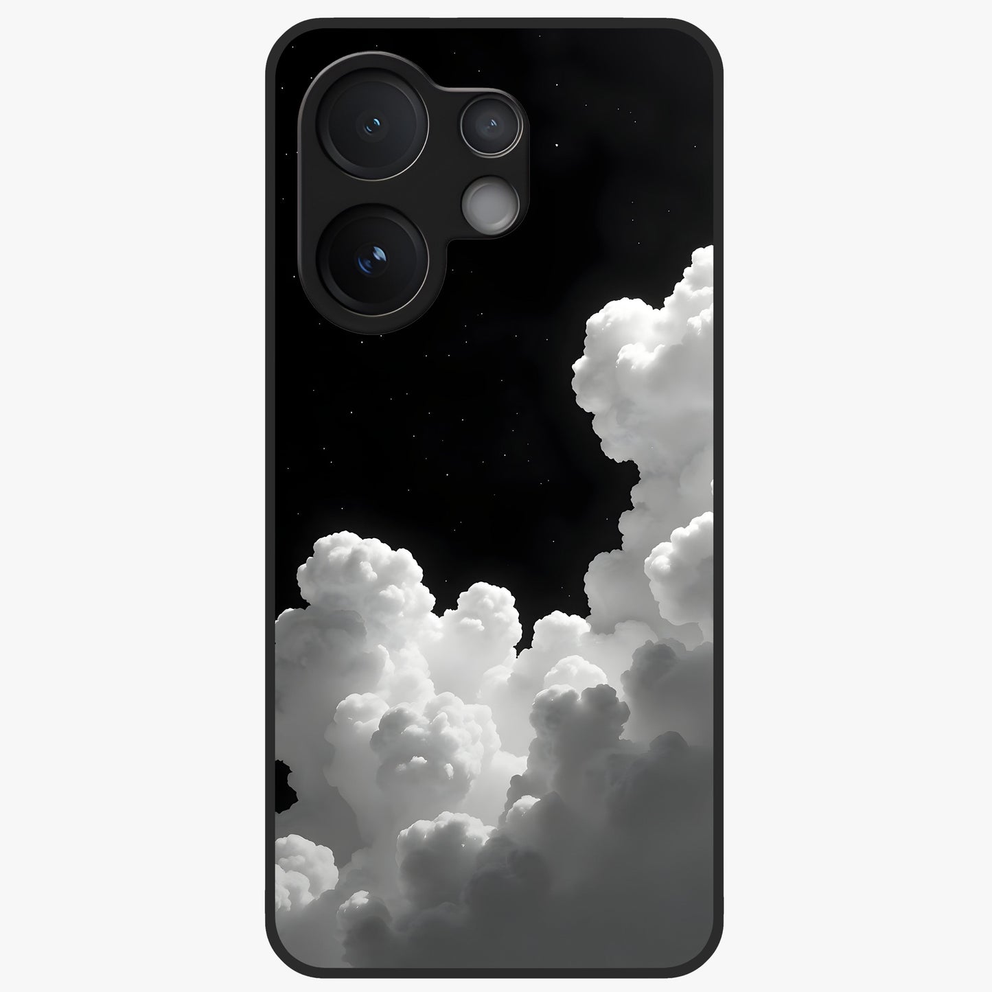 Black Background With White Cloud Glass Case showing flat back view with minimal cloud artwork on dark background and glossy glass finish.