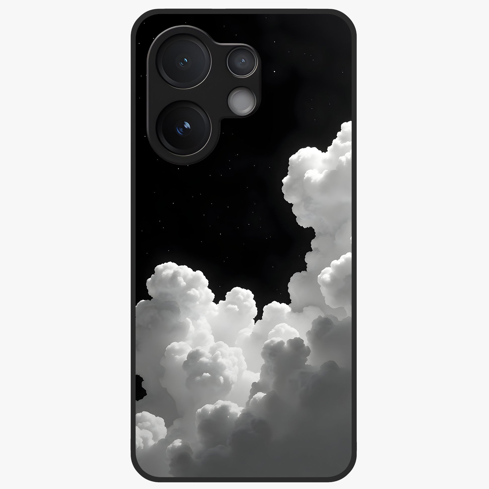 Black Background With White Cloud Glass Case showing flat back view with minimal cloud artwork on dark background and glossy glass finish.