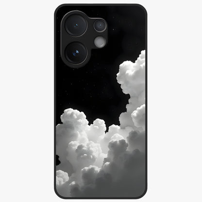 Black Background With White Cloud Glass Case showing flat back view with minimal cloud artwork on dark background and glossy glass finish.