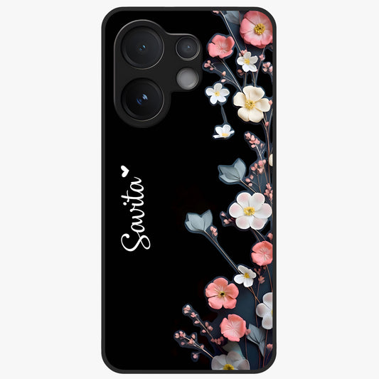 Black Elegance Floral Custom Name Glass Case showing flat back view with elegant floral artwork and personalized name design.