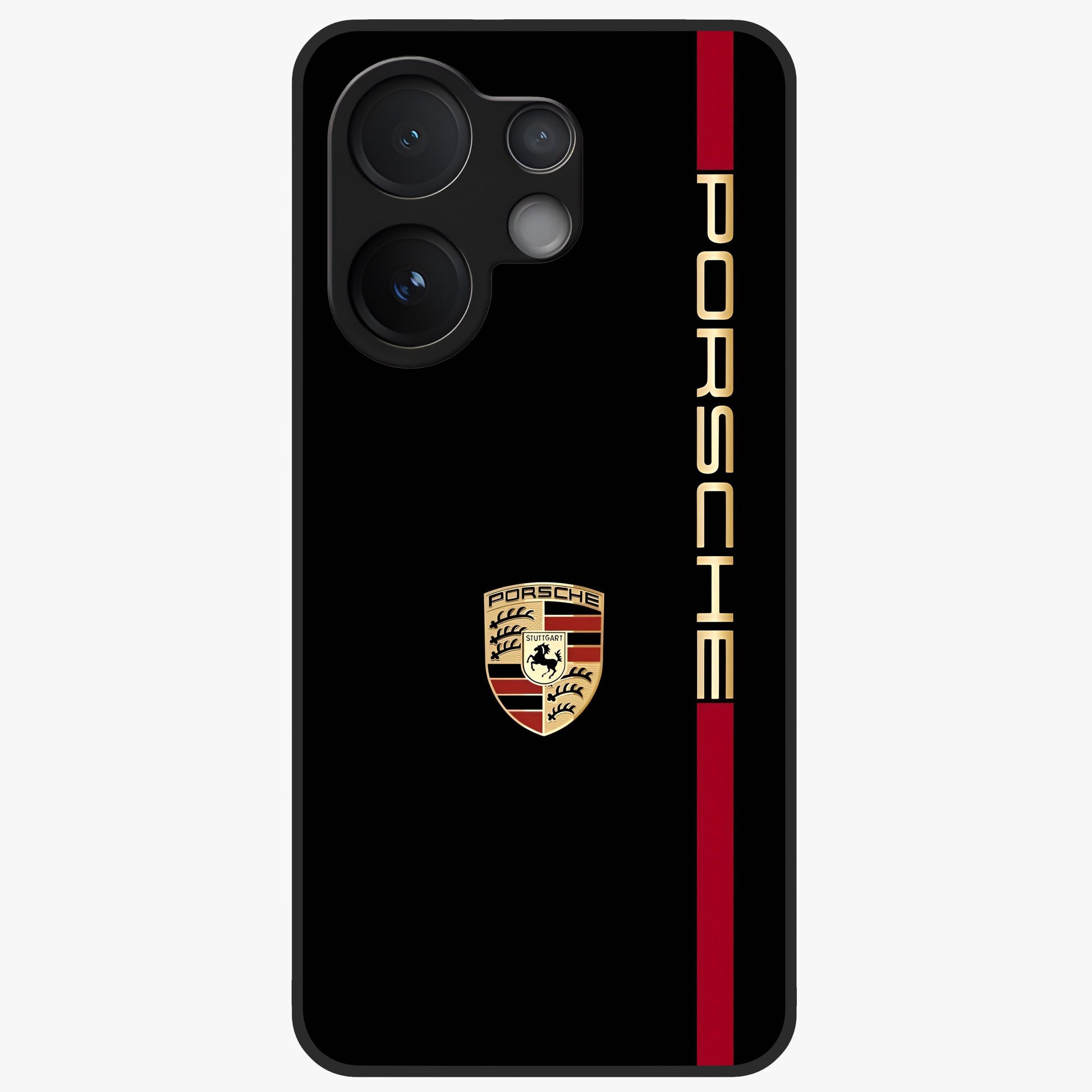 Black Minimal Porsche Glass Case showing flat back view with sleek minimal sports car artwork and glossy glass finish.