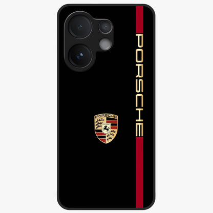 Black Minimal Porsche Glass Case showing flat back view with sleek minimal sports car artwork and glossy glass finish.