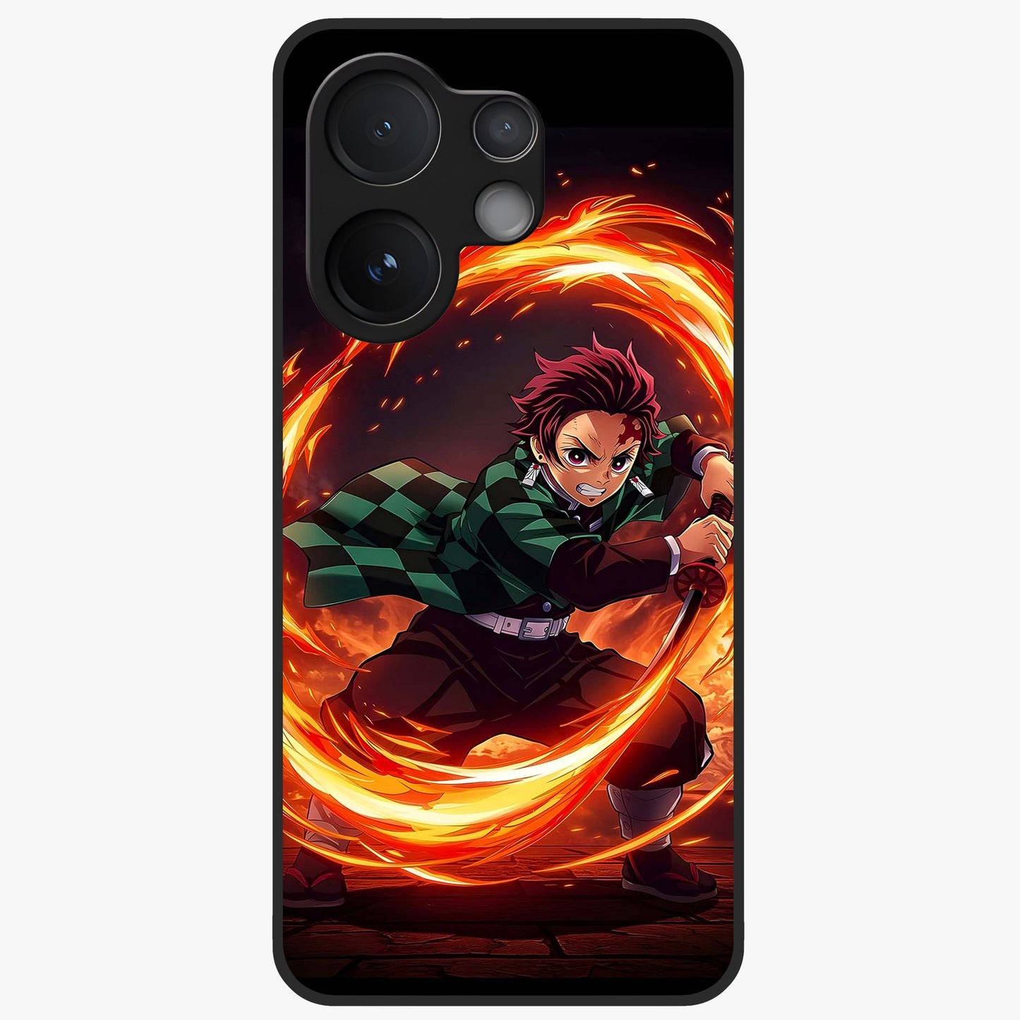 Blazing Sword Resolve Glass Case showing flat back view with fiery sword artwork and glossy glass finish.