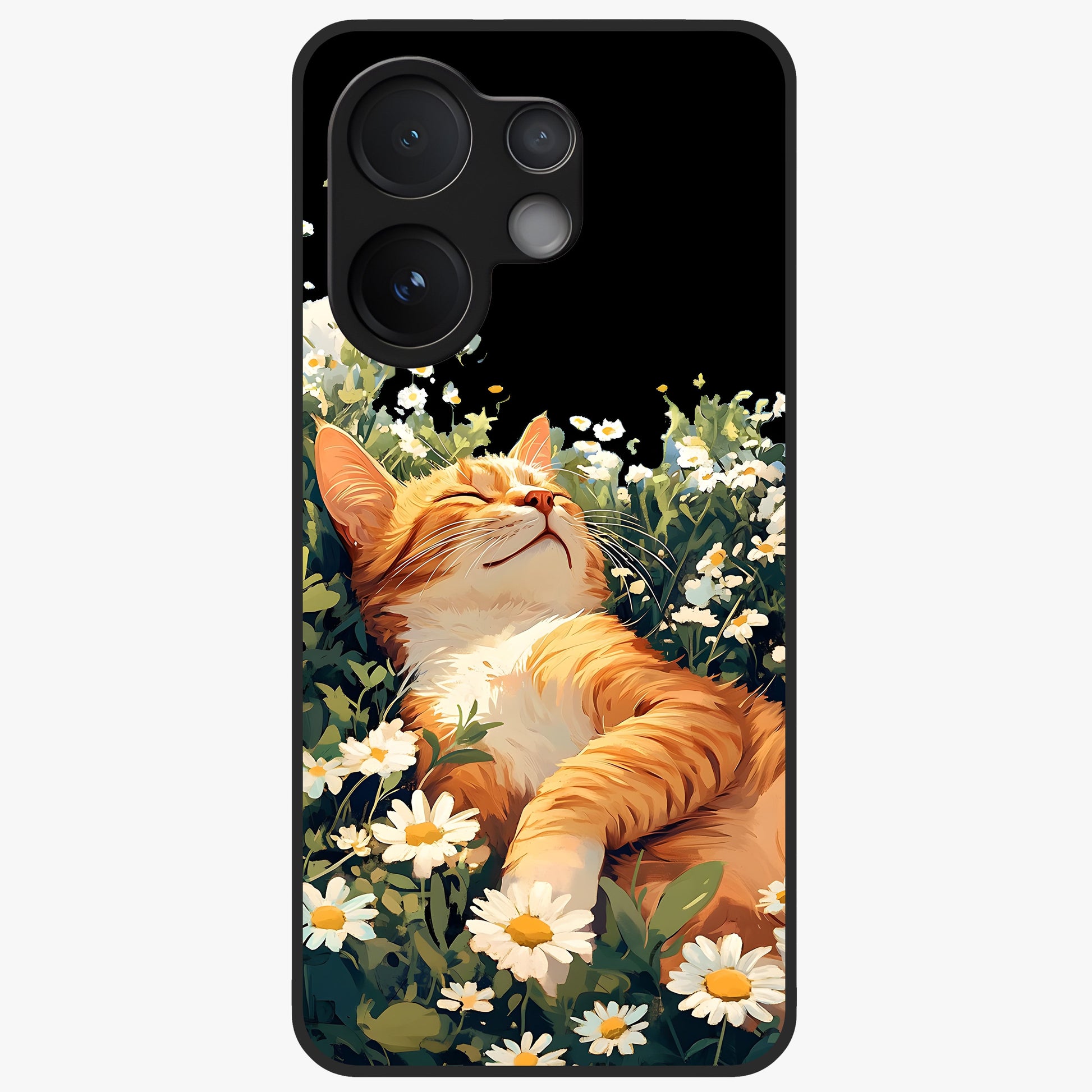 Blissful Bloom Cat Glass Case showing flat back view with cute cat and floral bloom artwork and glossy glass finish.