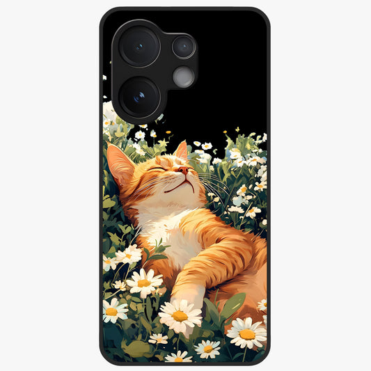 Blissful Bloom Cat Glass Case showing flat back view with cute cat and floral bloom artwork and glossy glass finish.