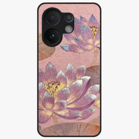 Blossom Mist Lotus Glass Case showing flat back view with serene lotus blossom artwork and glossy glass finish.