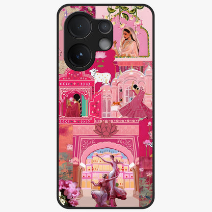 Blossoms of Rajasthan Glass Case showing flat back view with traditional floral artwork inspired by Rajasthan and glossy glass finish.