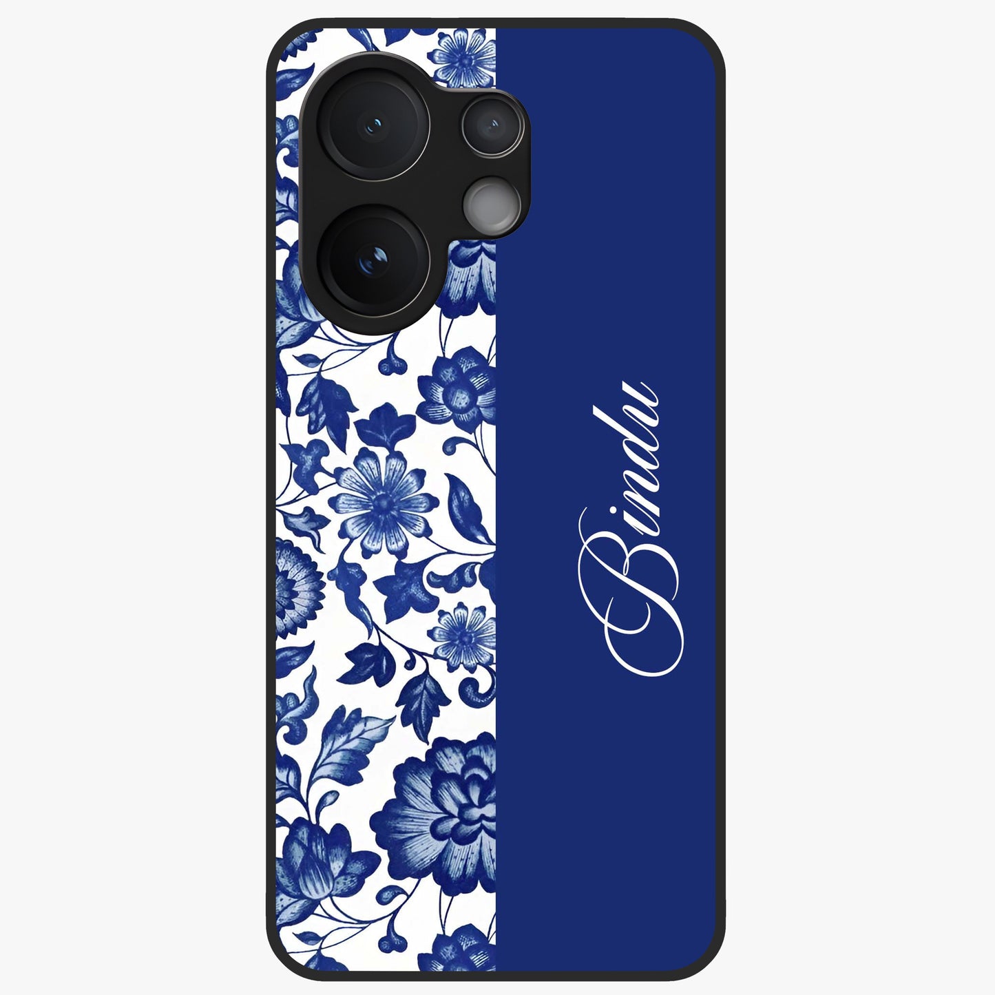 Blue Vintage Floral Pattern Glass Case upright view showcasing timeless floral illustration with vintage inspired style.