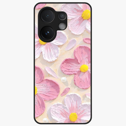 Blush Bloom Texture Glass Case showing flat back view with soft blush floral texture artwork and glossy glass finish.