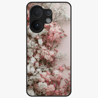 Blush Blossom Cloud Glass Case showing flat back view with dreamy blush cloud blossom artwork and glossy glass finish.