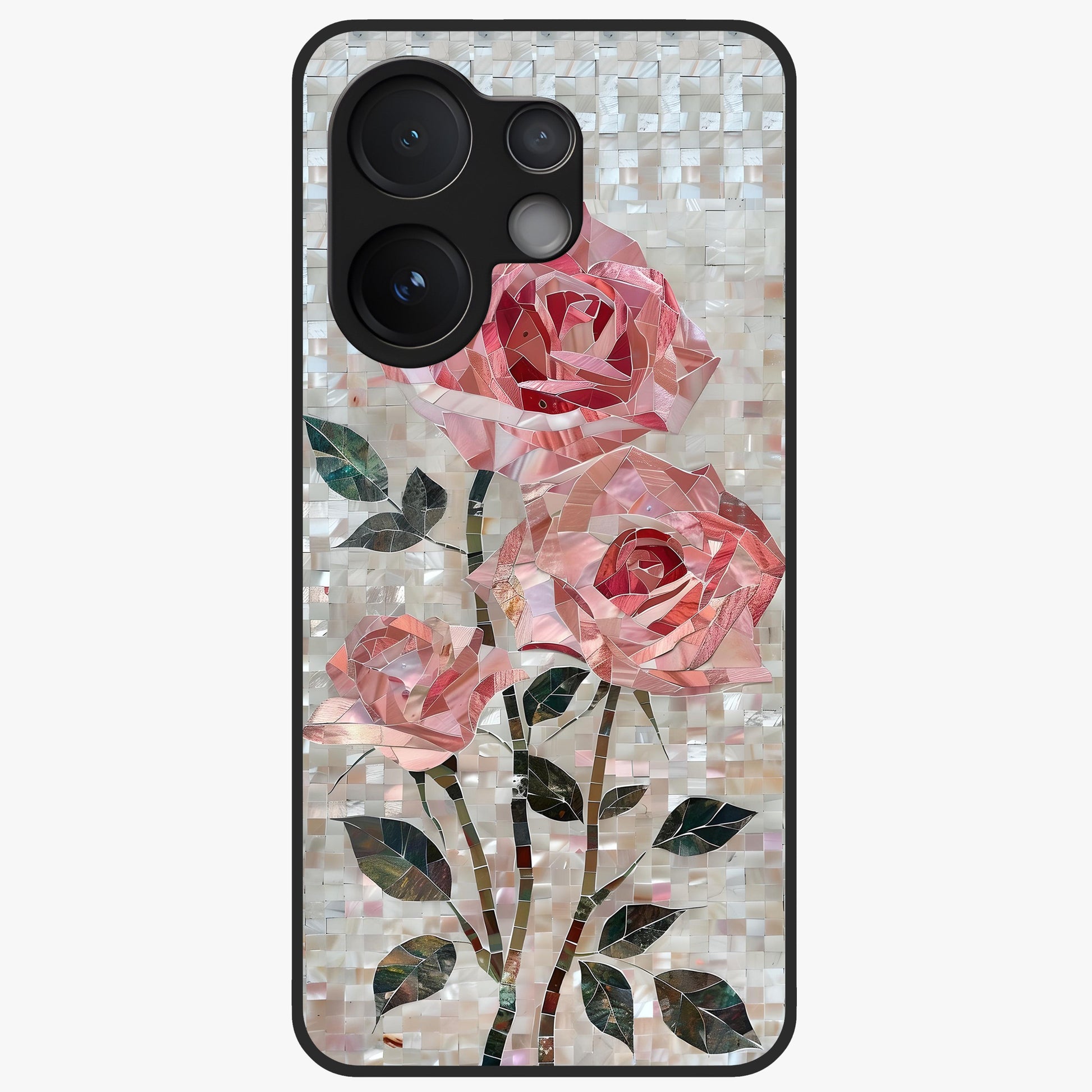 Blush Mosaic Bloom Glass Case showing flat back view with mosaic floral bloom artwork and glossy glass finish.