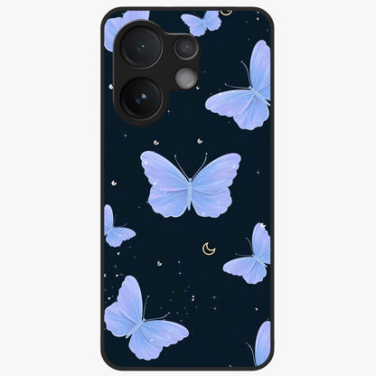 Butterfly With Stars Pattern Glass Case showing flat back view with butterfly and star pattern artwork and glossy glass finish.