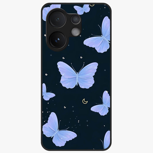 Butterfly With Stars Pattern Glass Case showing flat back view with butterfly and star pattern artwork and glossy glass finish.