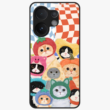 Cats in Fruits Glass Case showing flat back view with playful cat illustrations inside fruit artwork and glossy glass finish.