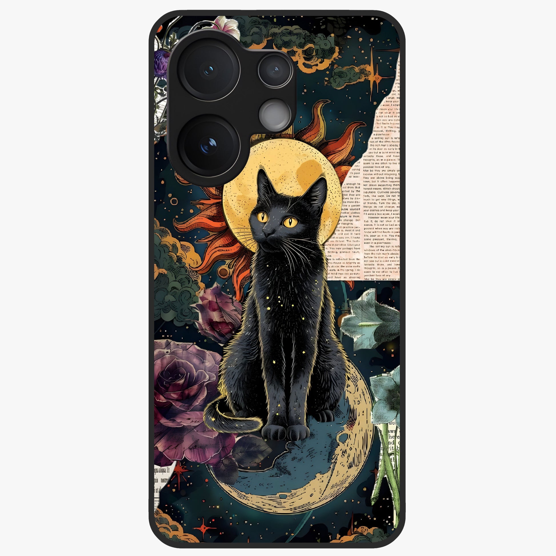 Celestial Black Cat Glass Case showing flat back view with mystical black cat artwork and glossy glass finish.