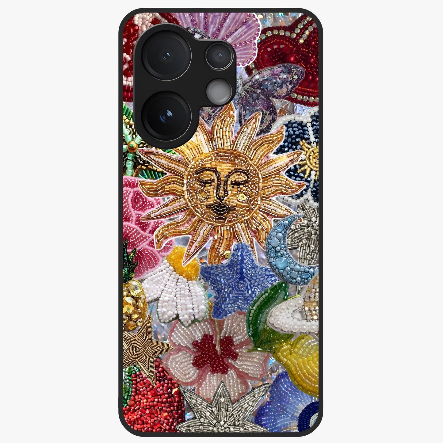 Celestial Floral and Playful Glass Case showing flat back view with floral and celestial themed artwork and glossy glass finish.