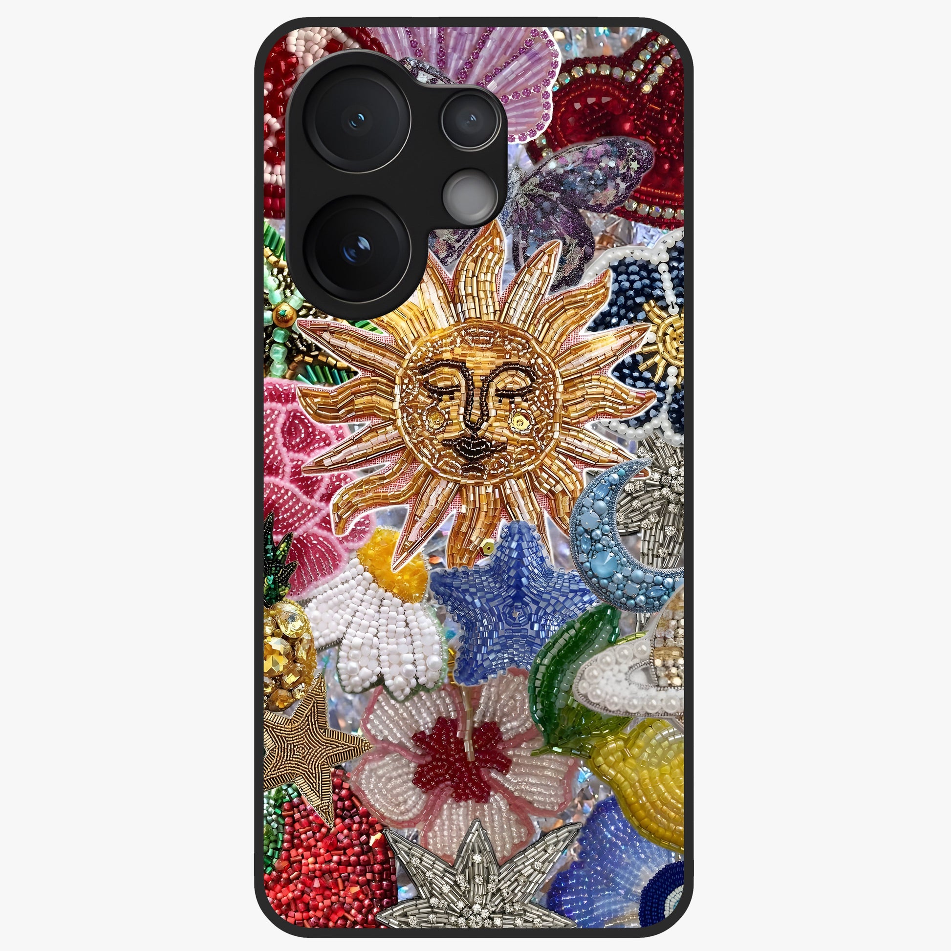 Celestial Floral and Playful Glass Case showing flat back view with floral and celestial themed artwork and glossy glass finish.