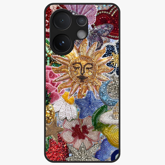 Celestial Floral and Playful Glass Case showing flat back view with floral and celestial themed artwork and glossy glass finish.