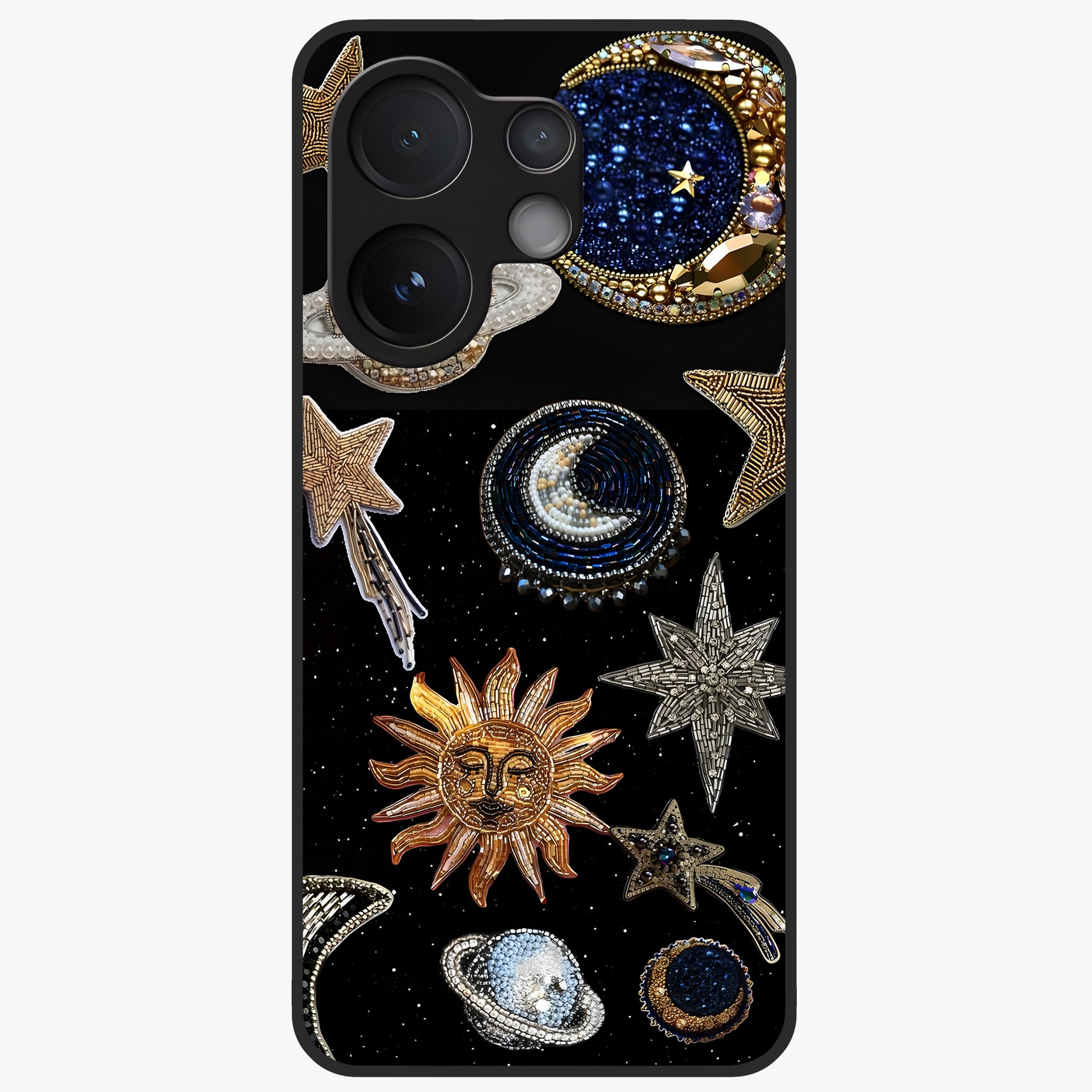 Celestial Gem Constellations Glass Case showing flat back view with sparkling constellation artwork and glossy glass finish.
