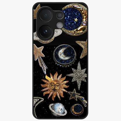 Celestial Gem Constellations Glass Case showing flat back view with sparkling constellation artwork and glossy glass finish.