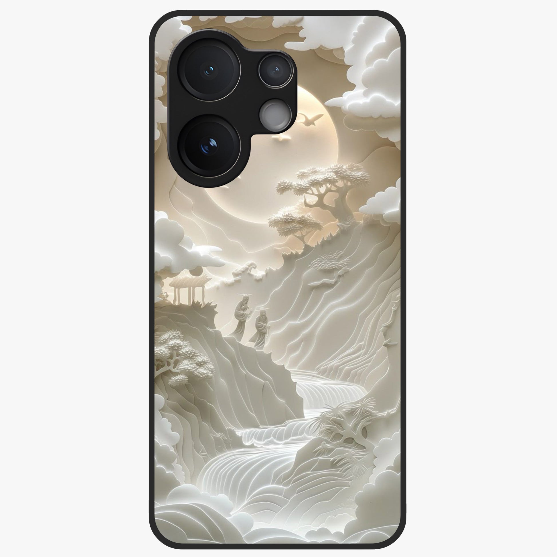 Celestial Origami Glass Case showing flat back view with artistic origami inspired celestial artwork and glossy glass finish.