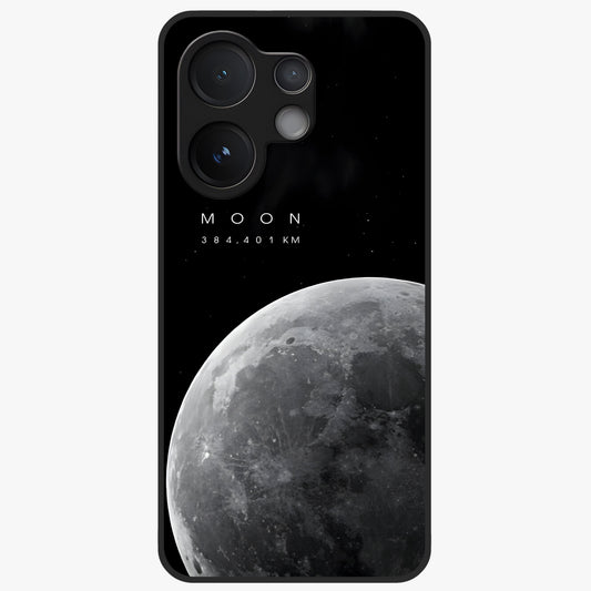 Cosmic Moon Glow Glass Case showing flat back view with glowing moon artwork and glossy glass finish.