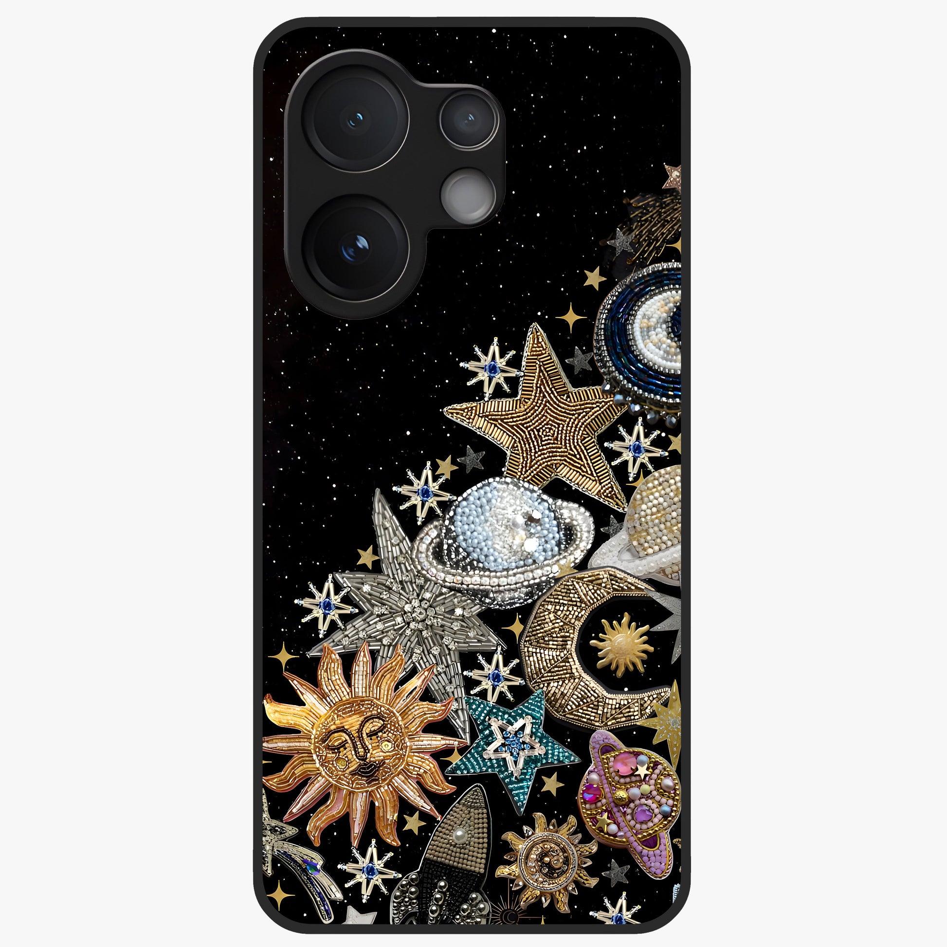Cosmic Sparkle Dreams Glass Case showing flat back view with sparkling cosmic artwork and glossy glass finish.