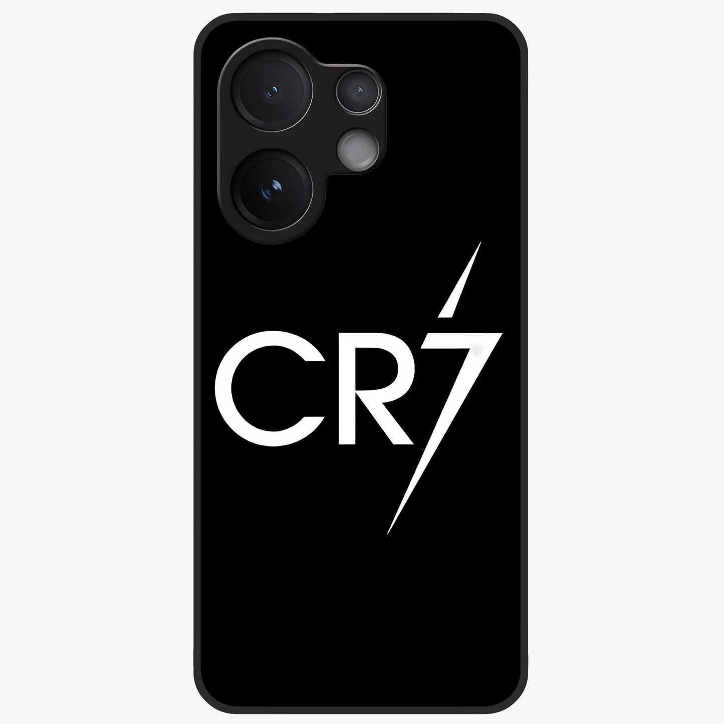 Cr7 Elite Strike Glass Case showing flat back view with dynamic football inspired artwork and glossy glass finish.