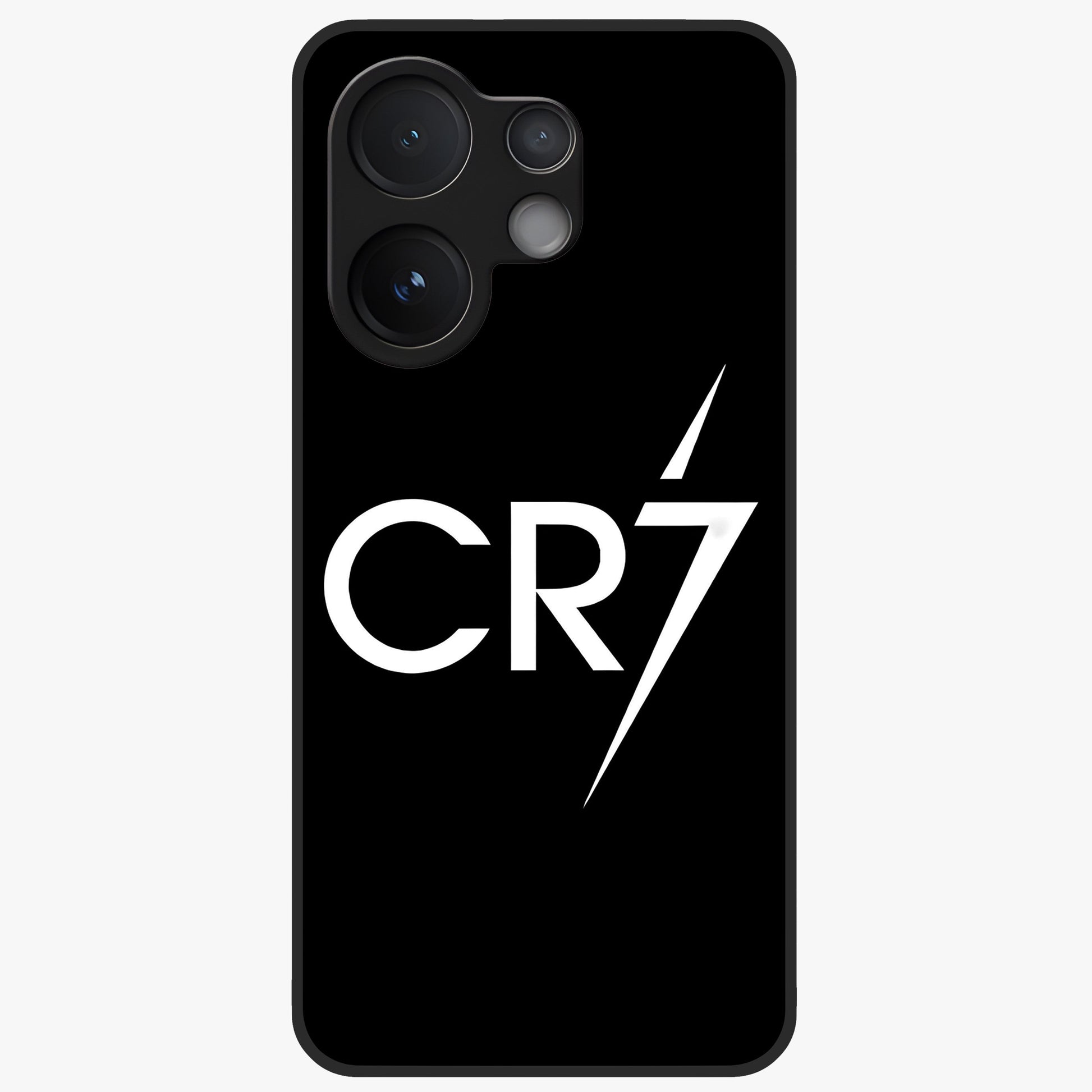 Cr7 Elite Strike Glass Case showing flat back view with dynamic football inspired artwork and glossy glass finish.