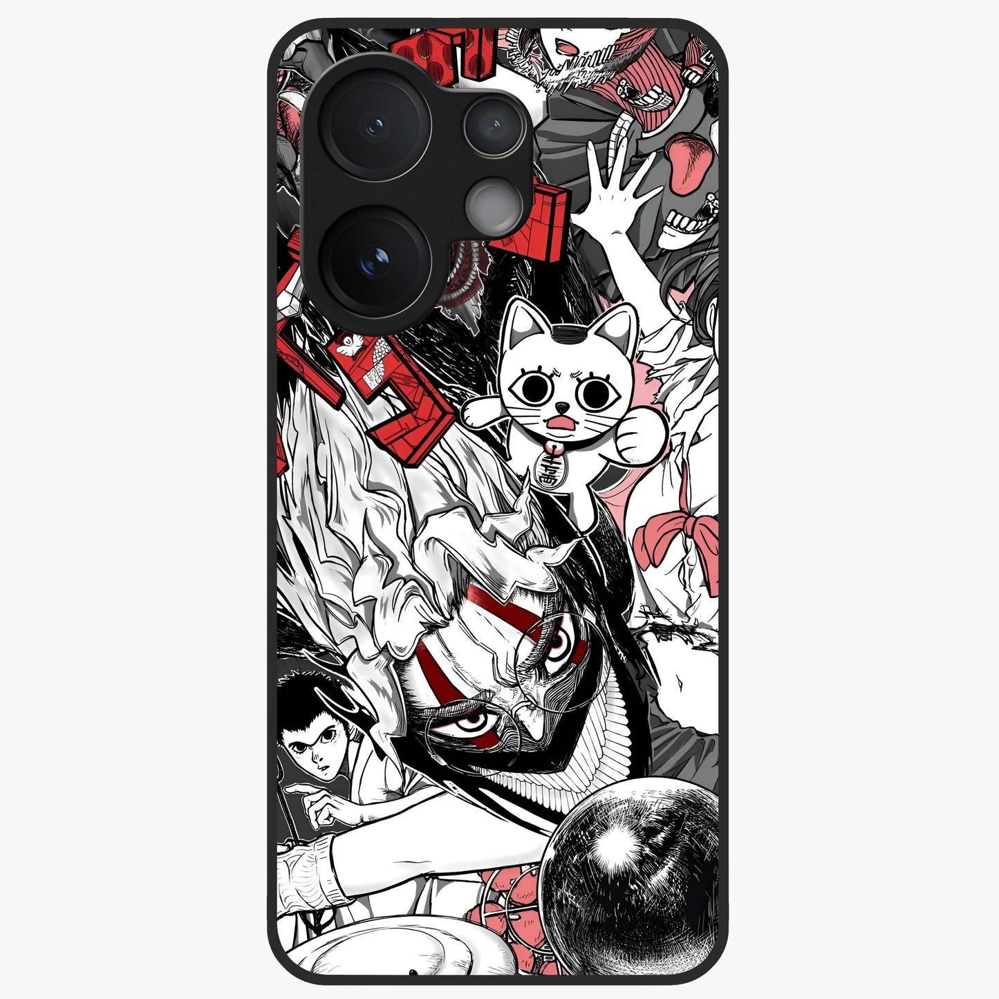 Crimson Chaos Panel Glass Case showing flat back view with bold crimson abstract artwork and glossy glass finish.