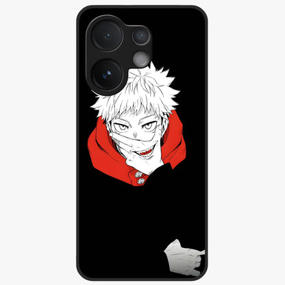 Crimson Chaos Smile Glass Case showing flat back view with bold chaotic smile artwork and glossy glass finish.