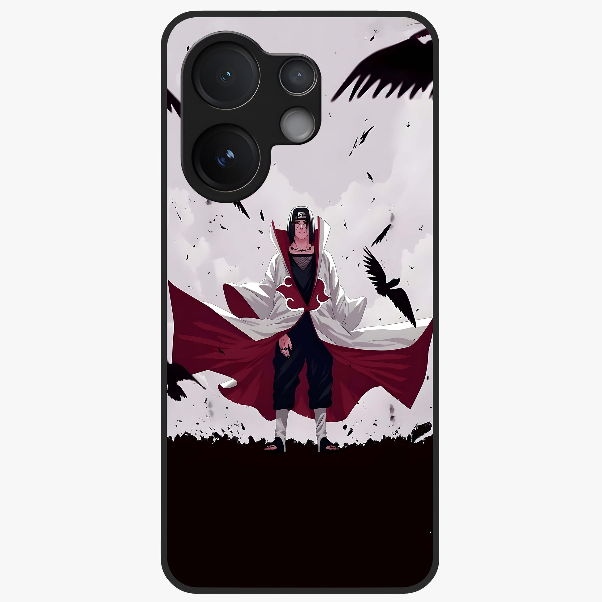 Crimson Crow Ascension Glass Case showing flat back view with mystical crow artwork and glossy glass finish.