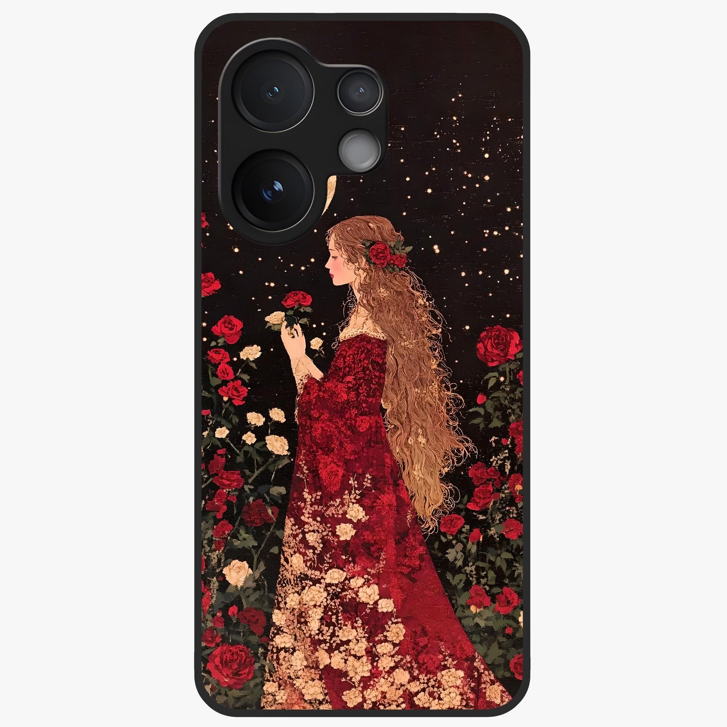 Crimson Dreams Glass Case showing flat back view with dreamy crimson artwork and glossy glass finish.