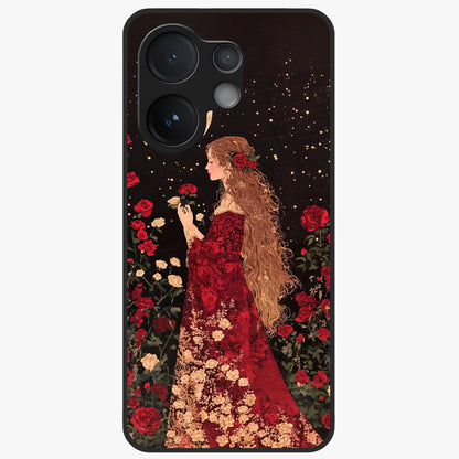 Crimson Dreams Glass Case showing flat back view with dreamy crimson artwork and glossy glass finish.