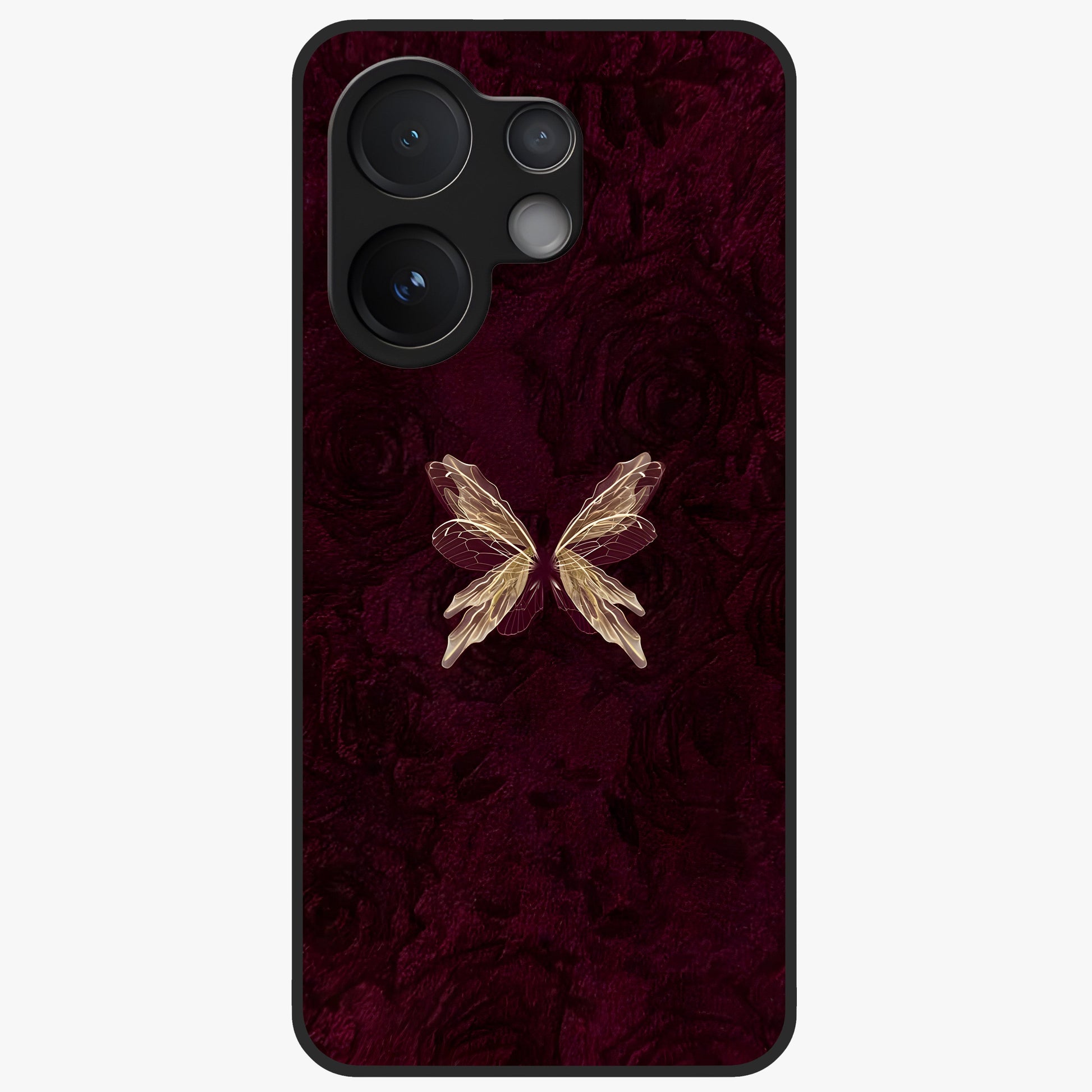 Crimson Fade Butterfly Glass Case showing flat back view with fading butterfly artwork and glossy glass finish.