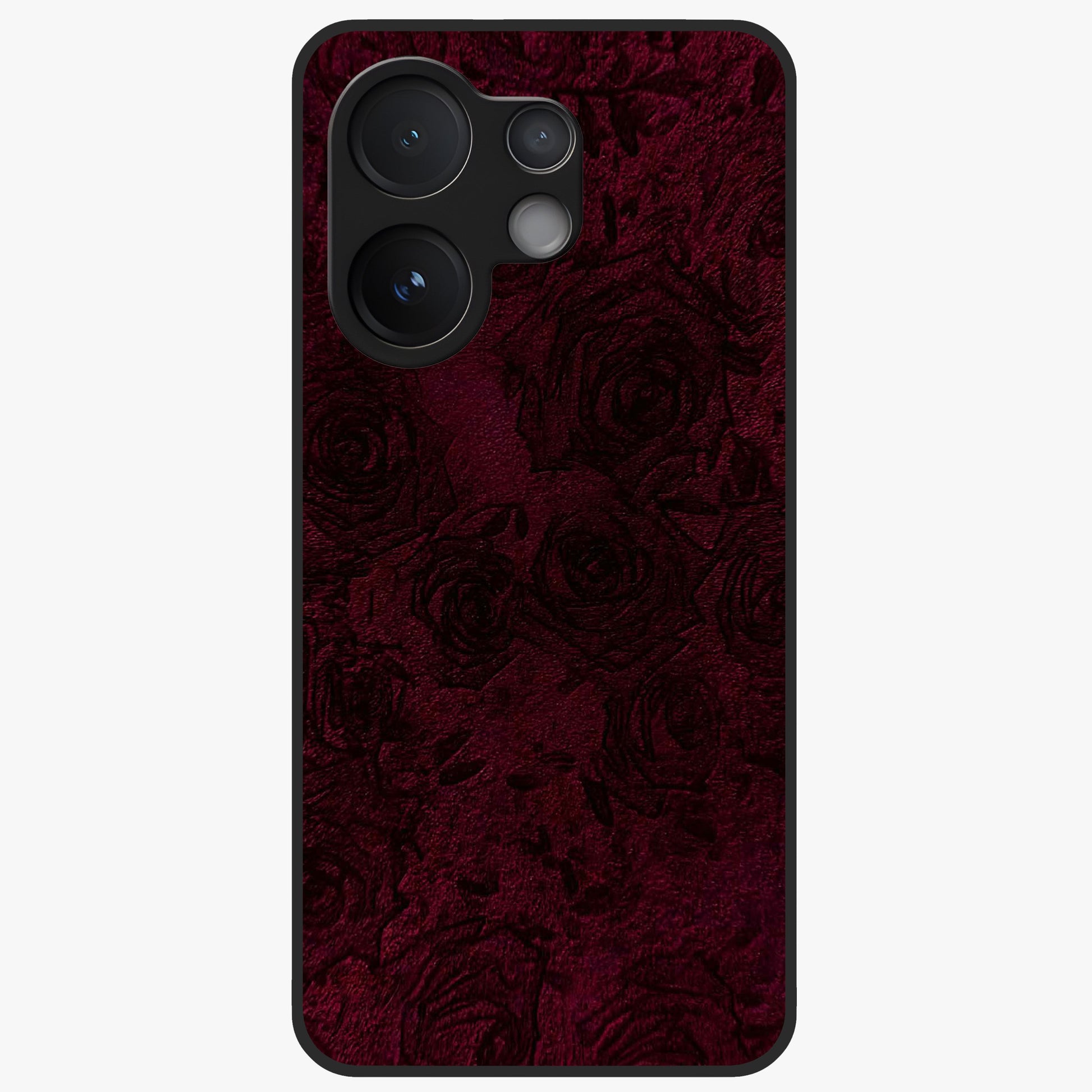 Crimson Fade Flow Glass Case showing flat back view with flowing crimson gradient artwork and glossy glass finish.