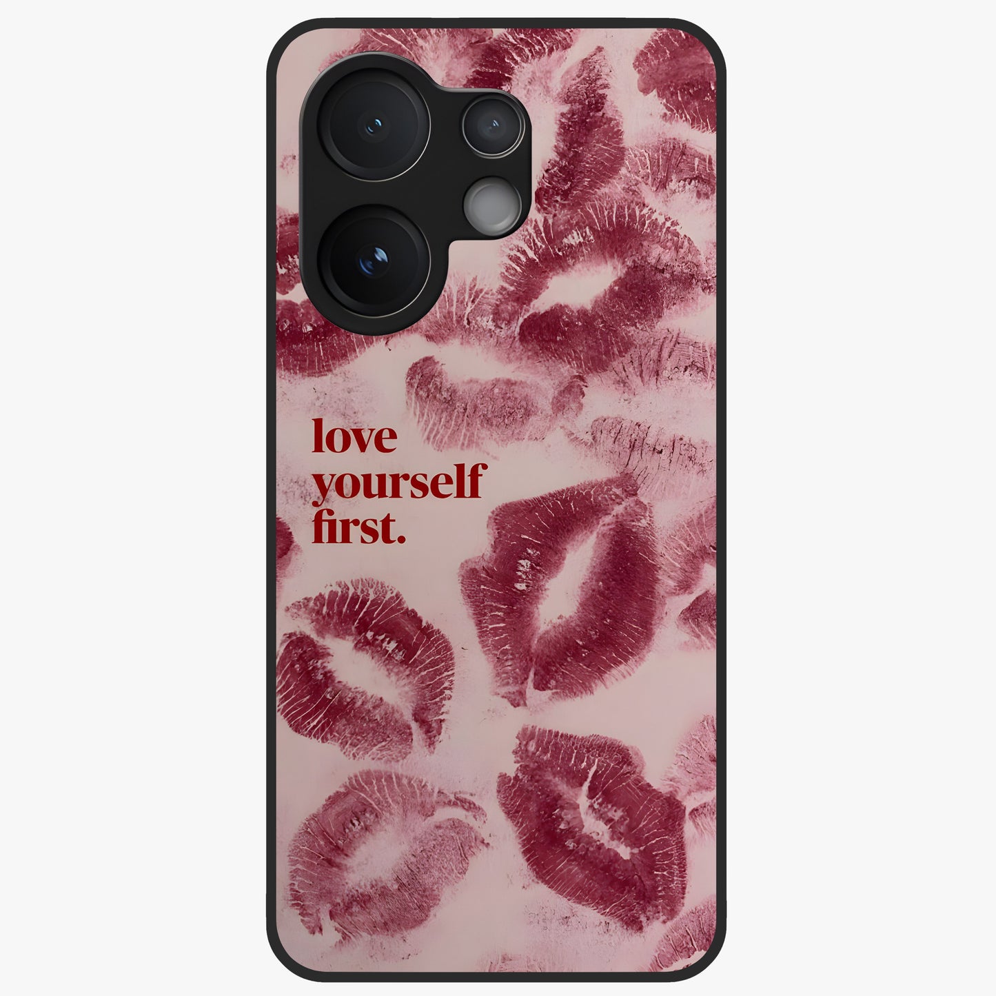 Crimson Kiss Love Glass Case showing flat back view with romantic crimson themed artwork and glossy glass finish.