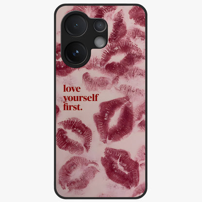 Crimson Kiss Love Glass Case showing flat back view with romantic crimson themed artwork and glossy glass finish.