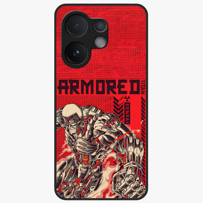 Crimson Mecha Titan Glass Case showing flat back view with powerful mech titan artwork and glossy glass finish.