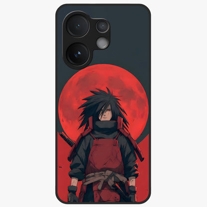Crimson Moon Warlord Glass Case showing flat back view with mystical moon warrior artwork and glossy glass finish.