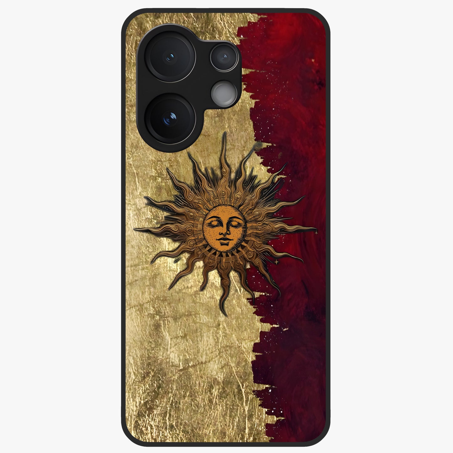 Crimson Sun Majesty Glass Case showing flat back view with radiant sun inspired artwork and glossy glass finish.