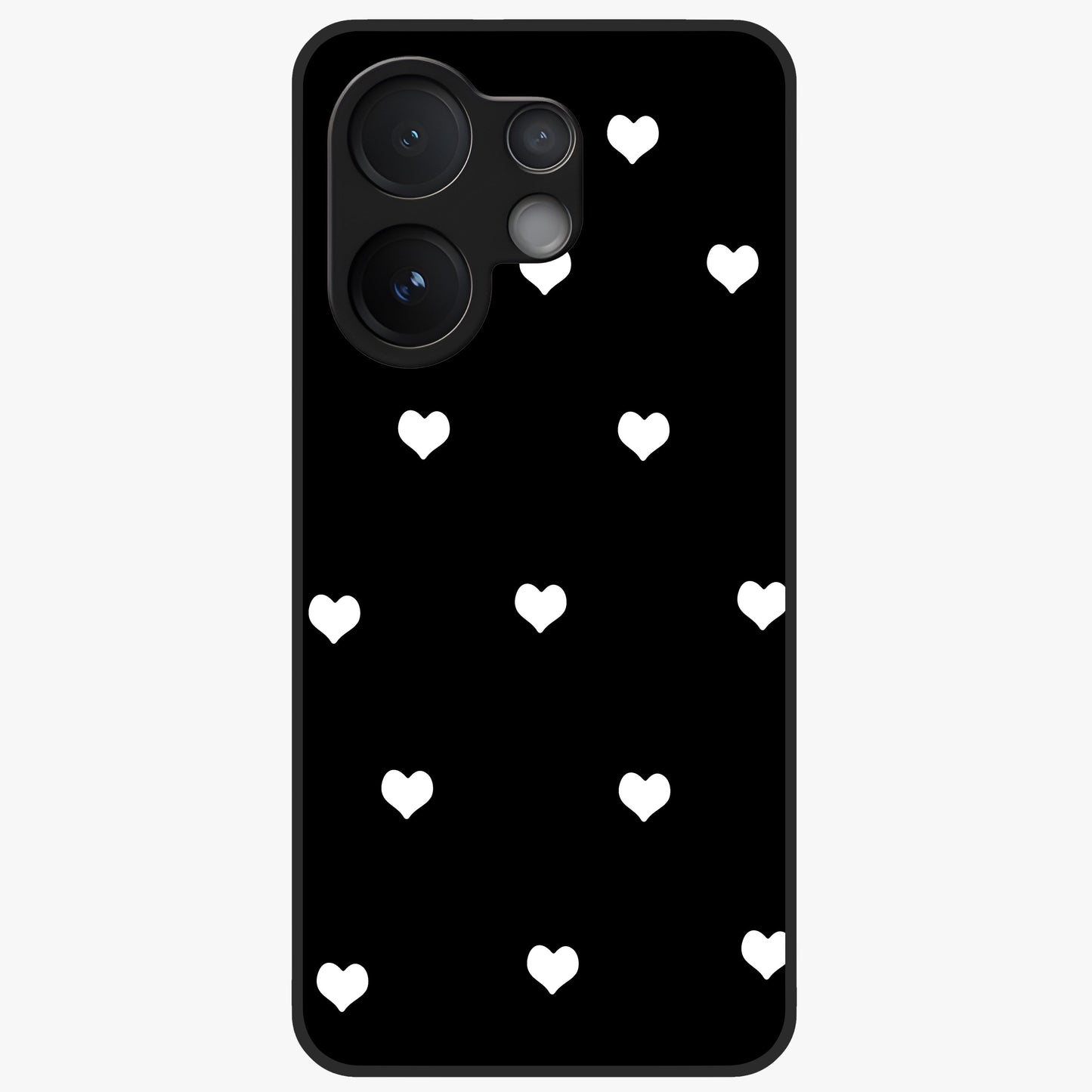 Cute And Simple White Hearts Glass Case showing flat back view with minimal white heart pattern and glossy glass finish.