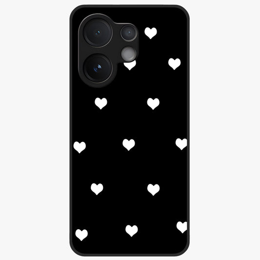 Cute And Simple White Hearts Glass Case showing flat back view with minimal white heart pattern and glossy glass finish.