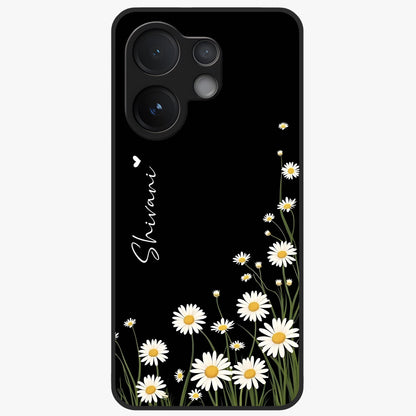 Daisy Cascade Custom Name Glass Case showing flat back view with cascading daisy flowers and personalized name design.