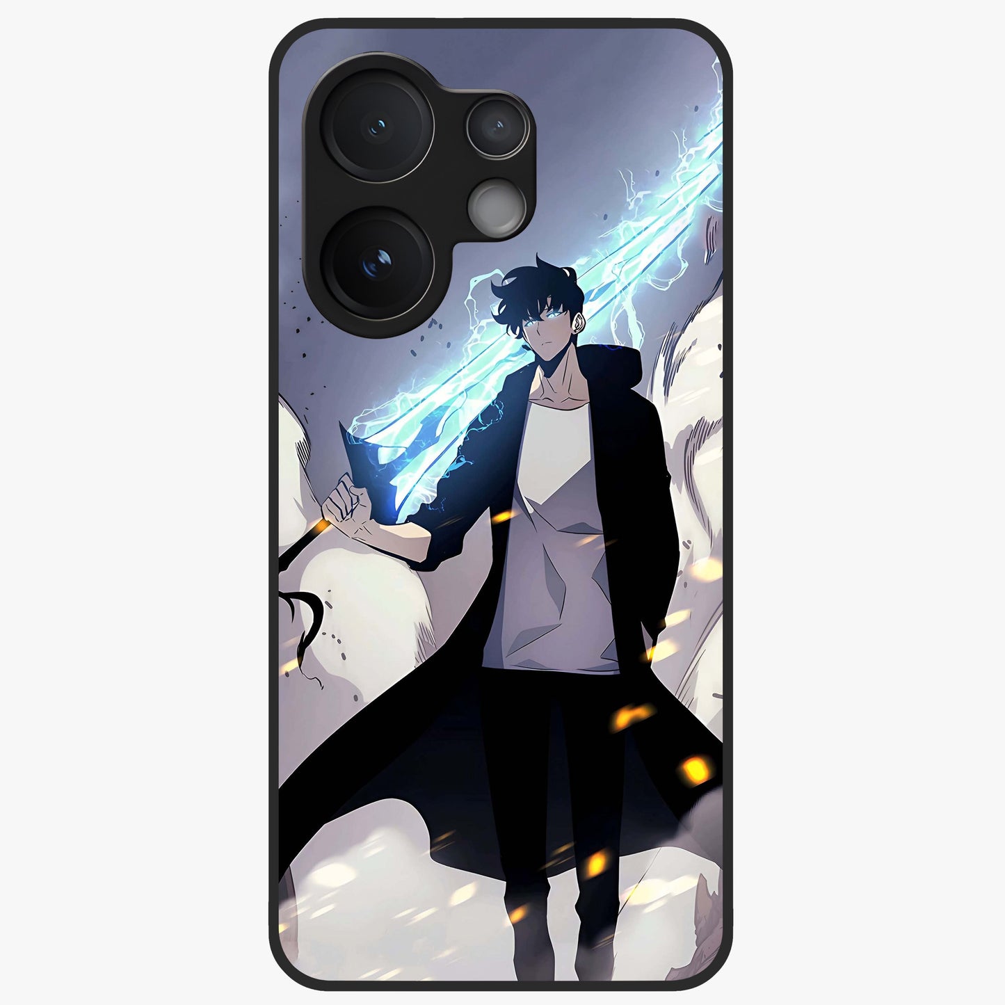 Dark Lightning Anime Warrior Glass Case showing flat back view with intense anime warrior artwork and glossy glass finish.