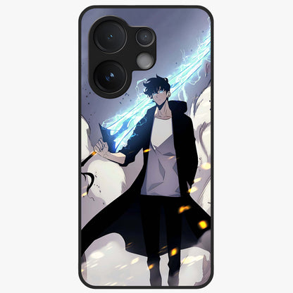 Dark Lightning Anime Warrior Glass Case showing flat back view with intense anime warrior artwork and glossy glass finish.