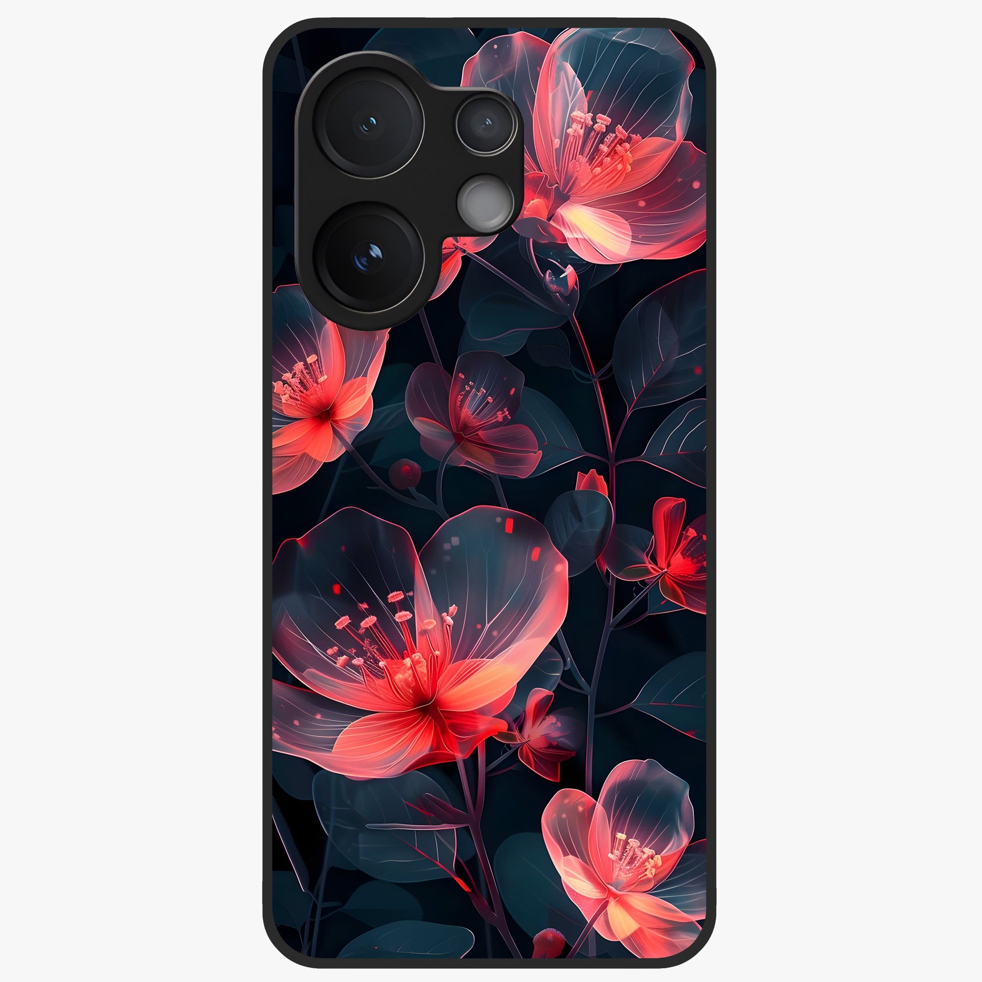 Dark Shade of Flower Glass Case showing flat back view with elegant dark floral artwork and glossy glass finish.