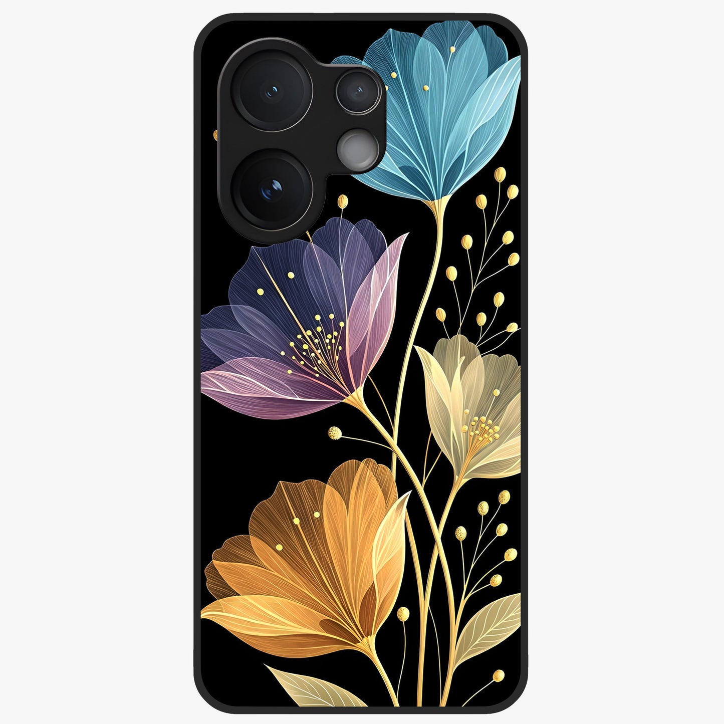 Delicate Multicolor Flowers Glass Case showing flat back view with vibrant floral artwork and glossy glass finish.