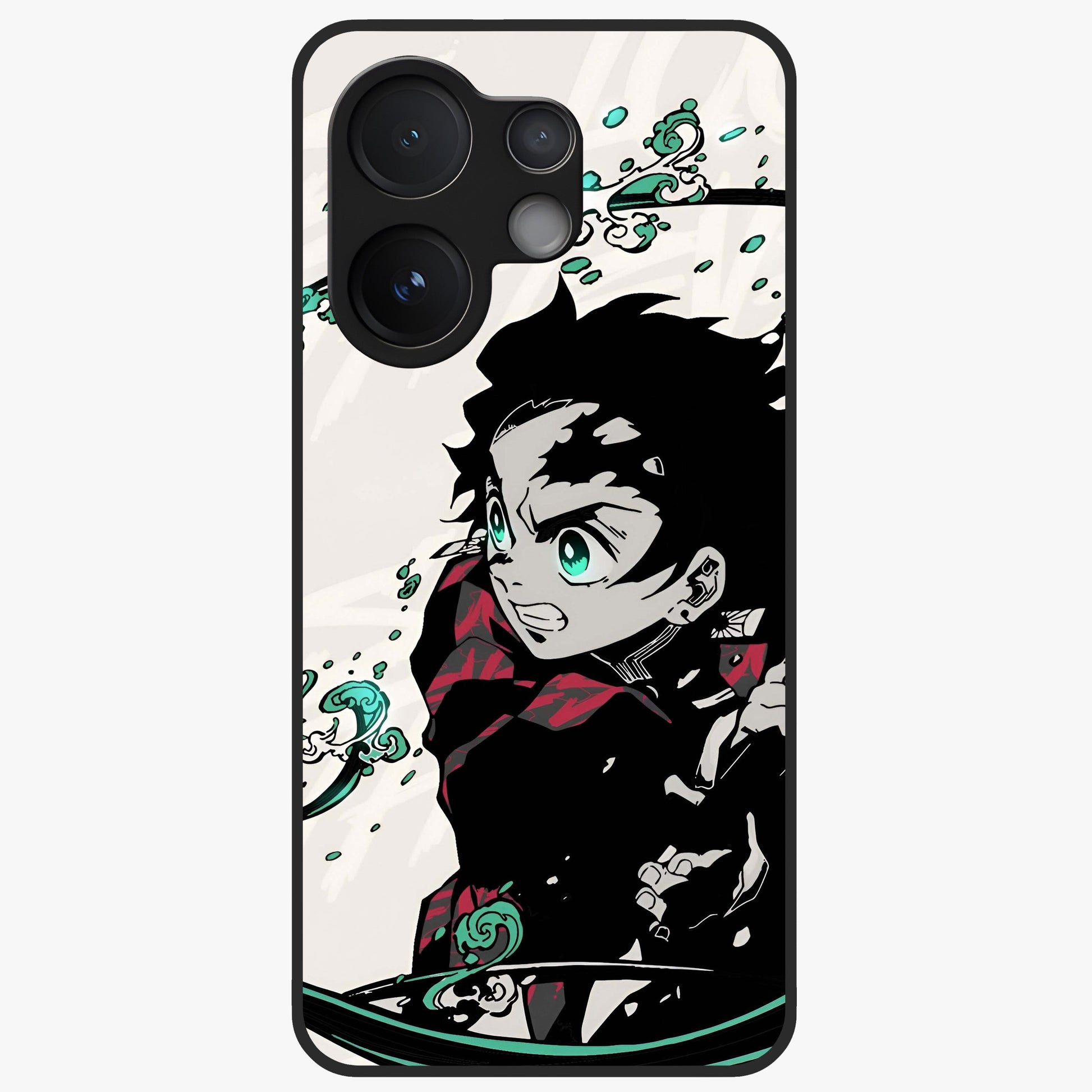Demon Slayer Glass Case showing flat back view with bold anime inspired artwork and glossy glass finish.